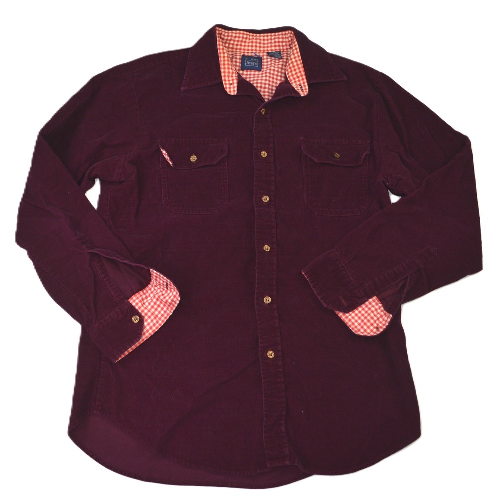 Vintage Sears Mens Burgundy Corduroy Gingham Lined Button Down Shirt Medium